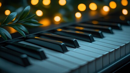 Close-up piano keys, holiday lights, greenery