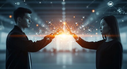 Two business professionals connect through a digital network with glowing icons