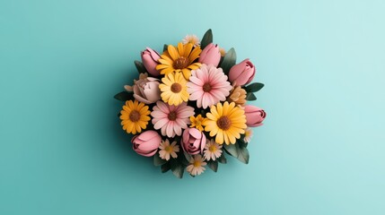 Obraz premium A vibrant bouquet of flowers with various colors and types, beautifully arranged against a soft blue background, Ideal for creative projects, greetings, or decor, enhancing any floral theme,