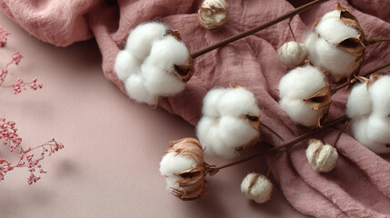 Top view composition of soft cotton baby balls paired with cotton flowers