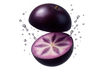Purple Star Apple fruit cut in half, isolated on transparent background.