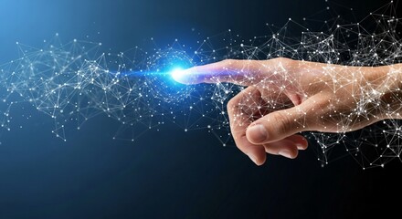 Human finger interacting with a glowing digital network of connections and nodes