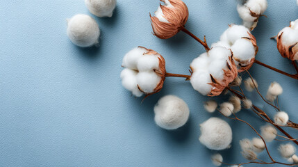 Top view composition of soft cotton baby balls paired with cotton flowers