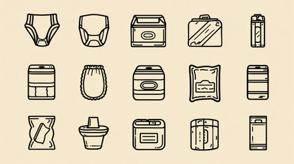 Vector icon collection for absorbent products such as baby diapers, sanitary pads, and napkins
