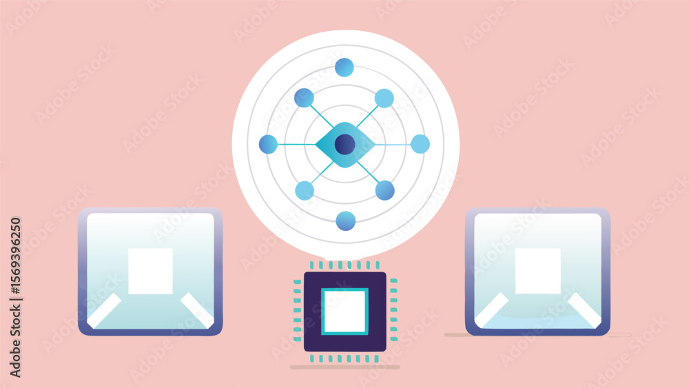 Poster abstract illustration of networked eye above a chip between two square monitors design is modern
