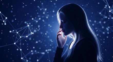 Woman in profile touching her nose with a glowing digital network background