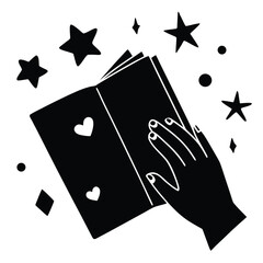 Silhouette of Hand Holding Open Book with Hearts and Stars, Symbolizing Magic and Enchantment, Ideal for Illustrative Purposes