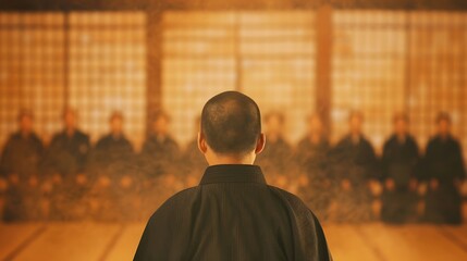 Monk Meditating in Japanese Dojo Before Audience