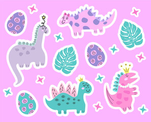 Sticker illustration of cute dinosaurs on pink background.