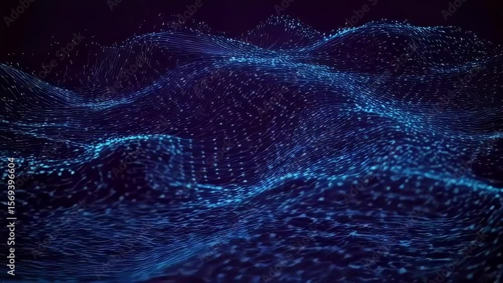 Poster a blue digital network of connected dots forms an abstract wave against a dark background, suggestin