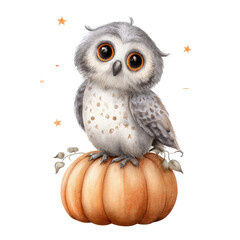 Fototapeta premium Adorable Owl Perched on a Pumpkin Surrounded by Stars in a Whimsical Autumn Scene