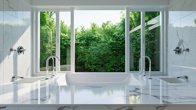 Modern bright white marble bathroom shower with large windows. Interior minimalist design, cozy home spa bath - Powered by Adobe