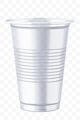 Disposable plastic cup isolated on transparent background. Transparent glossy cup for cold drinks such as soda, sparkling water, soft and alcoholic drinks, beer. Mock up