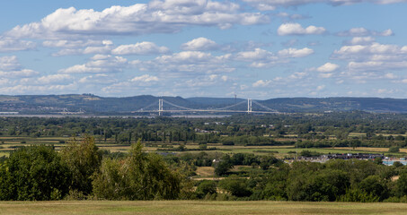 Panoramic view of the original Severn Bridge and River Severn, Aust. South Gloucestershire,...