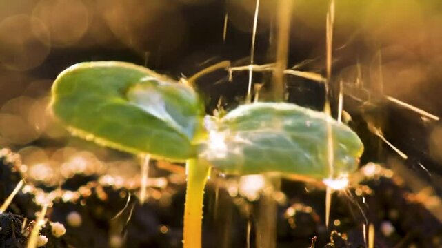 Glistening Plant Sprout with Dew in Golden Hour Light. Close-Up Animation of New Life, Water Droplets, and Sun Flare