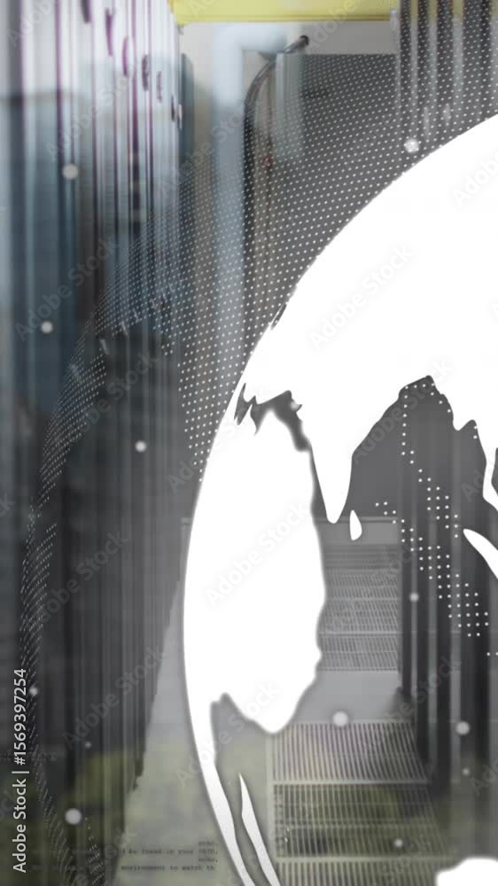Poster animation of spinning globe and data processing over server room against view of tall buildings