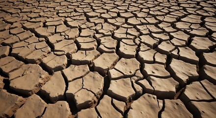 Cracked dry earth surface, showcasing the effects of drought and dehydration on the soil.