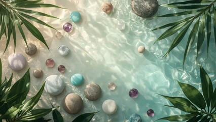 Natural arrangement of smooth sea pebbles and scattered leaves on a sandy surface with copy space, creating a serene, minimalist composition perfect for themes of relaxation, nature, and tranquility
