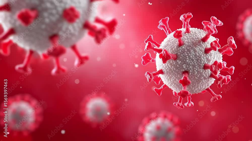 Poster detailed 3d rendering of coronavirus particle with distinctive spike proteins against blurred red ba