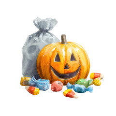 Charming Watercolor Illustration of a Halloween Pumpkin Surrounded by Candy and a Trash Bag