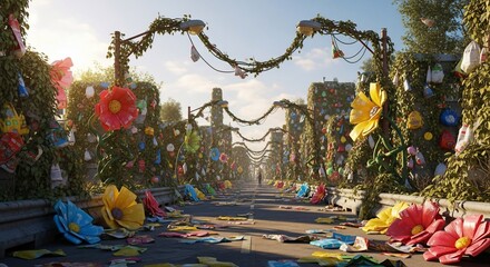 Fototapeta premium Surreal Streetscape: Overgrown with Flowers, Vines, and Hanging Bags, Distant Figure