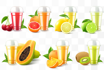 Set of clear plastic cups with juice or smoothie. Cup with sphere dome cap for milkshake, lemonade. Fruity organic shake with different exotic fruits. Fruit cocktail. Realistic 3d vector template