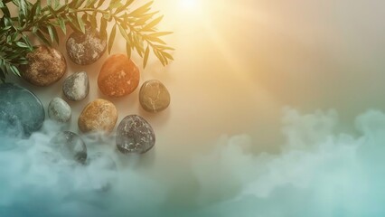 Natural arrangement of smooth sea pebbles and scattered leaves on a sandy surface with copy space, creating a serene, minimalist composition perfect for themes of relaxation, nature, and tranquility
