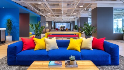 the couch is blue. a blue couch. a living room filled with furniture and a blue couch