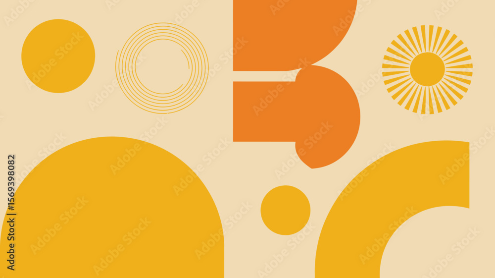 Poster abstract background with orange and yellow shapes including circles and curved elements in a modern 