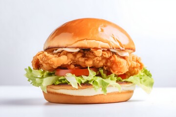 A chicken sandwich on a toasted brioche bun, crispy golden fried chicken, fresh lettuce, sliced tomato and mayonnaise isolated on a white background