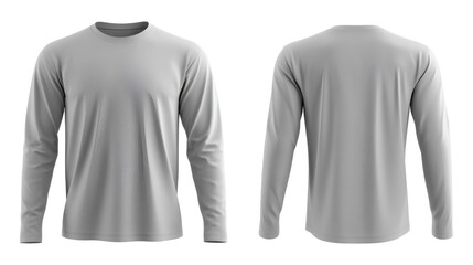 Plain light gray long sleeve round neck shirt 3D mockup, featuring front and back views for showcasing your apparel designs on white background