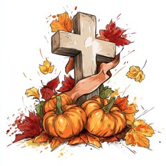 vector illustration of a thanksgiving background with pumpkins and fallen leaves.. a cross surrounded by autumn leaves and pumpkins. a painting of a c