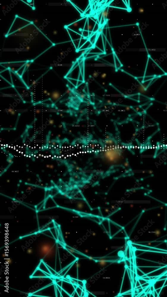 Poster animation of data processing and network of connections over black background