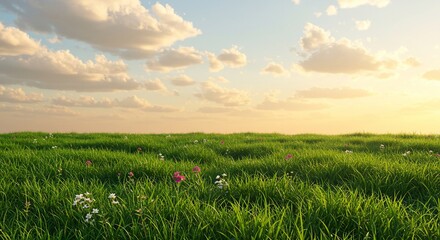 穏やか夕日草原風景 緑輝く草地 優しい風