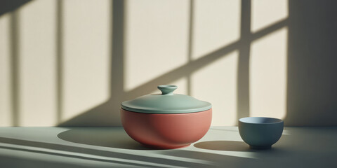 A lidded bowl and a small cup sit on a surface with shadows cast by a window. Minimalist kitchenware composition