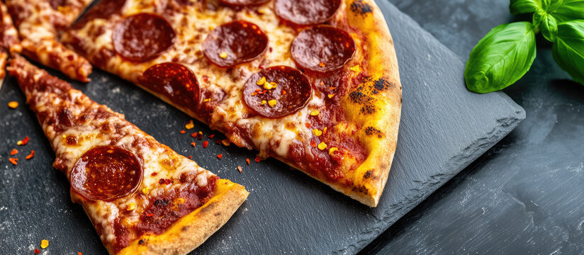 Pizza with pepperoni slices is on a slate board with a slice removed, topped with chili flakes and fresh basil nearby. Concept: Tasty pizza with toppings