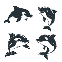 Obraz premium Cartoon dolphin collection, ocean animal illustration, sea life vector, happy marine mammal, black and white drawing