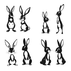 Cute cartoon rabbits, bunny illustration, black and white hares, standing bunny drawing, animal character clipart	