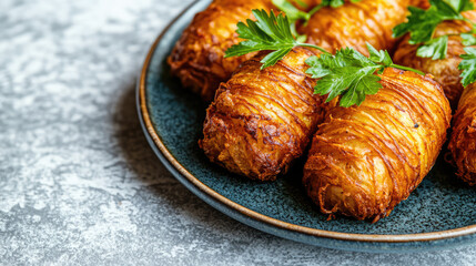 Crispy golden croquettes garnished with fresh parsley are placed on a blue plate. Savory appetizer, food presentation