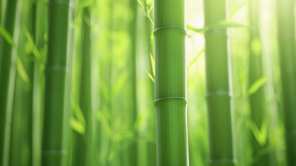 Obraz premium Close-up of vibrant green bamboo stalks in a natural setting with soft sunlight filtering through.