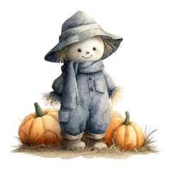 Cute Watercolor Illustration of a Friendly Scarecrow Surrounded by Bright Orange Pumpkins in a Cozy Autumn Setting