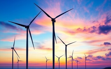 Silhouettes of wind turbines against a vibrant sunset sky with warm hues of orange, pink, and purple, symbolizing renewable energy and environmental conservation