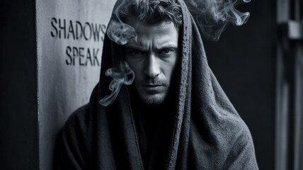 Obraz premium Mysterious young caucasian male cloaked in smoke with intense gaze