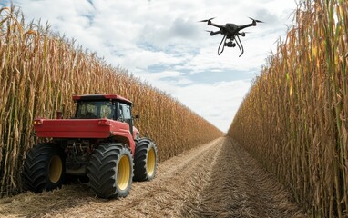 Drone flying over cornfield with red tractor in foreground, showcasing modern agricultural technology and precision farming techniques