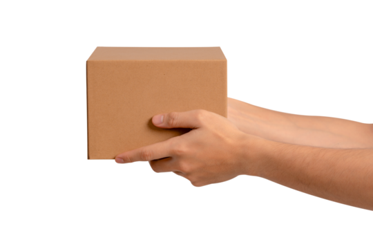 Hand holding parcel box isolated on transparent PNG. 