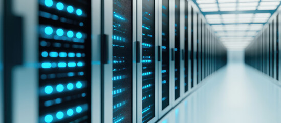 Rows of illuminated server racks line an expansive data center corridor. Technology, infrastructure, digital storage, network hub