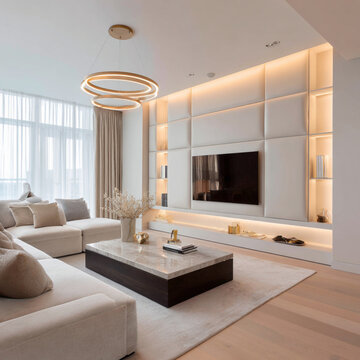 Minimalist luxury living room interior with high-end architectural detailing. Large built-in TV mounted on a feature wall crafted from knauf panels with seamless, geometric indentations and soft indir