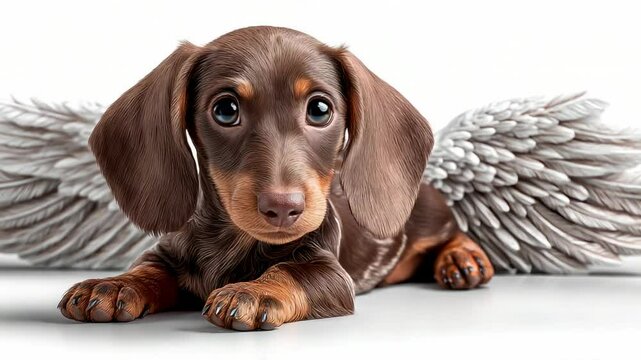 Cute brown dachshund puppy with angel wings
