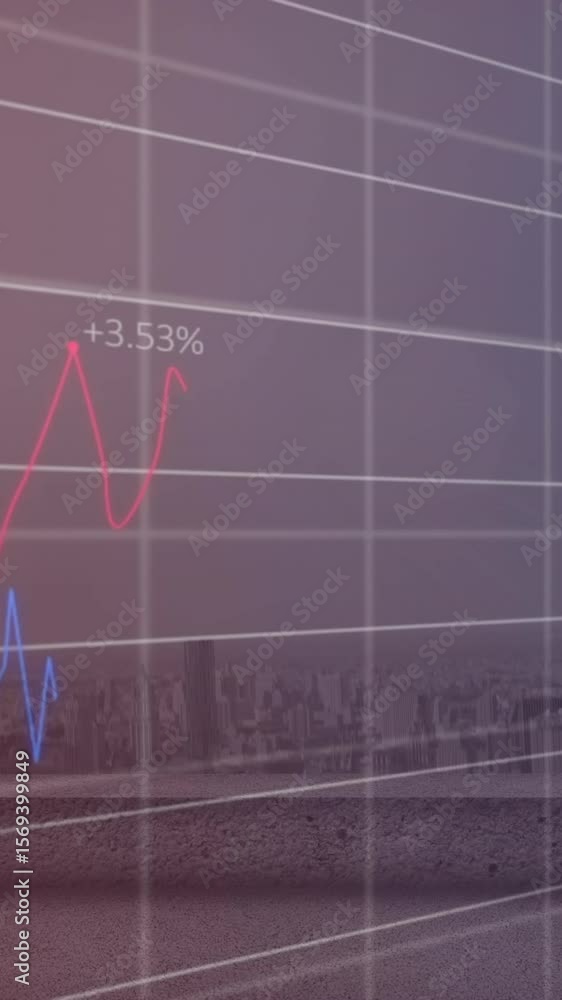Poster animation of multiple graphs with changing numbers over modern cityscape against sky