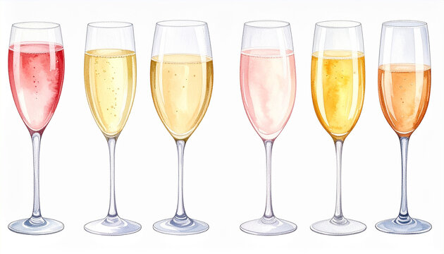 watercolor champagne glasses set isolated on a white background